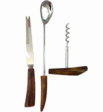 Vintage Mid-Century 3-Piece Barware Set Corkscrew Bottle Opener Knife picture