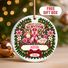 Personalized Breast Cancer Survivor Ornament Custom Name & Year Christmas Gift picture