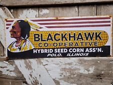 VINTAGE BLACKHAWK SIGN TIN TACKER FARM HYBRID SEED ASSOCIATION CORN FARMING BARN picture