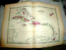 ANTIQUE LOVELY COLORED LARGE MAP WEST INDIES CUBA JAMAICA CARIBBEE BERMUDA 1864 picture