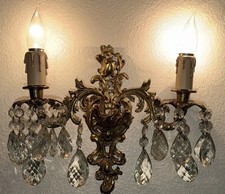 Vintage Italian Gold Metal Brass Wall 2-Arm Candle Sconces Light Crystal Prisms picture