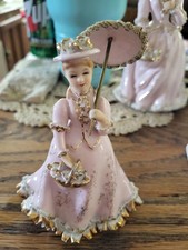 Vintage pink Geo Z Lefton Girl with Basket and parisol figurine #KW10307 picture