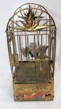 Vintage Automated Bird Cage Brass Metal Folk Art Music Box Plays Bird Swings picture