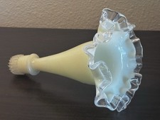 Rare Fenton IVORY CREST 6” Custard Uranium Glass EPERGNE HORN, Ruffled Rim picture