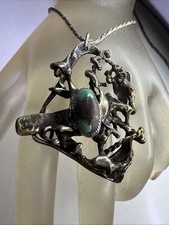 OLD Sand Casted Sterling Silver Turquoise Pendant Southwestern with Chain picture