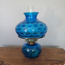 Vintage Blue Coin Dot Glass Oil Lamp mid 20th Century picture