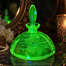 Vintage Green Glass Perfume Bottle Uranium UV Glow Floral Etched Stopper Art Dec picture