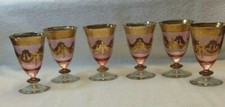 6 Vintage Silvestri Short Stemmed Pale Cranberry Wine Glasses with Gold Decor picture