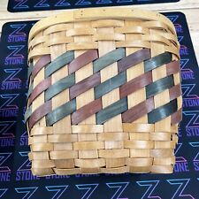 Vintage Oval Wooden Woven Basket with Handle Tan Blue Red Pattern Large picture