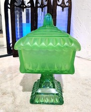 Vintage Green Satin Glass Pedestal Candy Dish Lidded Square Frosted Jar Compote picture