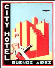 1940s City Hotel BUENOS Aires Argentina Hotel Label Plane Flies Over Bellhop picture