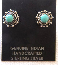 NWT Navajo Robert Martinez Kingman Turquoise Stud Earrings 925 Sterling Silver picture