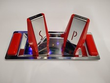 Vintage Mid-Century Atomic Red Plastic & Chrome Salt Pepper Shakers Set w/ Tray picture