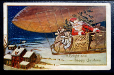 Santa Claus in Zeppelin Dirigible Blimp City Scene ~Toys Christmas Postcard-k276 picture