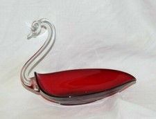 Vintage Duncan And Miller Glass Ruby Red Swan Candy Dish picture