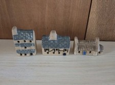 Set Of 3 Vtg Mini Clay Shelf Sitter Houses Primitive Folk Art Rustic Cottage Pub picture