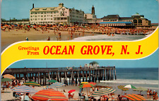 Greetings Ocean Grove NJ c1960's Hotel Beach Asbury Casino Pier Swim Umbrellas picture