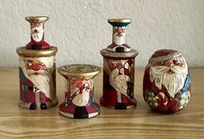 6 Pc Set Handmade Painted Santa Spools & 1  Hand Carved & Painted Egg Santa picture