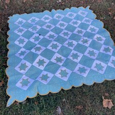 Vtg Aqua Green Star Quilt Hand Quilted Scalloped Edge Study Piece 69x69 picture