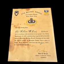 WWII 11th Airborne 511 PIR parachute certificate Pvt. Frontz Signed Col. Haugen picture