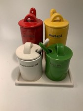 Pottery Barn BBQ Condiment Set Caddy Ketchup Mustard Mayo Relish Ceramic picture