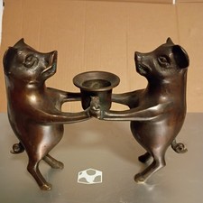 Vintage Brass/Bronze Pigs holding hands Candle Holder Rustic Farmhouse Decor picture
