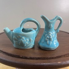 Vtg Shawnee Pottery Blue Miniature Watering Can and Pitcher Set USA Made picture