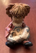 Resin Girl Quilting Miniature Figurine Multicolor Seated Sewing 1.75” Tall picture