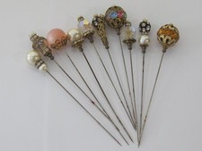 Antique Estate Lot 10 Victorian Hat Pins Brass Art Faux Pearl Glass D4 picture