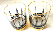 2 Rare Vintage 1960' Cera Derrick Rig Oil 22K Gold Trim Glasses Low Ball MCM LOT picture