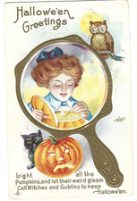 Atq Halloween Postcard Woman in Mirror Series 248 C Cat JOL Owl Unposted picture