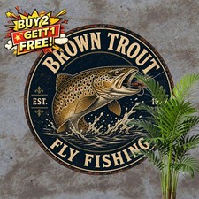 Fly Fishing Trout Artwork Round Metal Sign Angler Cabin Wall Decor Plaque 8x8 picture