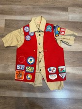 VTG Boy Scouts Of America Youth Uniform Shirt W/ Patches & Red Vest Size L 14-16 picture