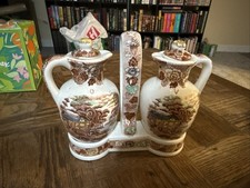 VINTAGE ANTIQUE NASCO MOUNTAIN WOODLAND 2 PIECE JAPAN OIL & VINEGAR CADDY CRUETS picture
