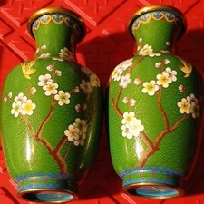 Vintage 2 Pc. Chinese Cloisonné Green Vases Cherry Blossom Bird Mirrored Pair picture