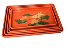 Vintage Antique Japanese ? Red Black Gold Lacquer Stacking Trays Set Of 5 picture