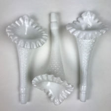 Fenton White Milk Glass Epergne Diamond and Lace Vases Replacement Horns Lot 3 picture