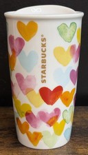 Starbucks 2015 Watercolor Hearts Dot Ceramic Tumbler Mug With Lid 10 FL Oz 6.5