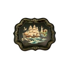 Vintage Hand Painted Metal Tole Tray, Nautical Clipper Ship & Lighthouse Coastal picture