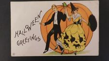 Mint Original Halloween Greetings Postcard Dancing Couple W Pumpkin picture