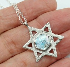 Roman Glass Star Of David Sterling Silver 925 Pendent Ancient Fragment 200 B.C. picture