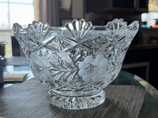Vintage Lausitzer Hand Cut Crystal Footed Bowl Floral And Leaf  5 5/8” T x 9” W picture