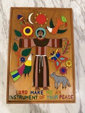 Vintage El Salvador St Francis Wood Folk Art Plaque La Palma Style 7.75 x 11.5” picture