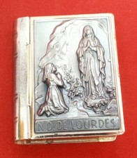Our Lady of Lourdes Silver-Plated Bible-Shaped Rosary Box/Pill Box Made in Italy picture
