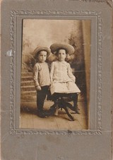 Antique Photo Victorian Children Studio Portrait Brother Sister Straw Hats Sepia picture