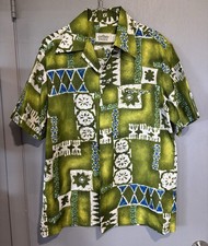 Vintage Malihini Hawaii Shirt Men’s Medium Lime Green Polynesian Pattern Clean picture