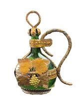 Antique Vintage German Ornate Metal Encased Green Glass Wine Bottle Iron Handle picture