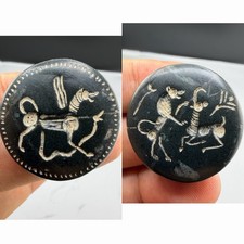 Ancient Black Stone Intaglio Roman  Bead Double Sided Winged Creature Archer picture