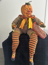 RARE VINTAGE WINWARD PUMPKIN HEAD SHELF SITTER HALLOWEEN DOLL WHIMSICAL DÉCOR  picture