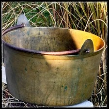 Antique Brass Cauldron Log Bin Dovetailed Bucket Farmhouse picture